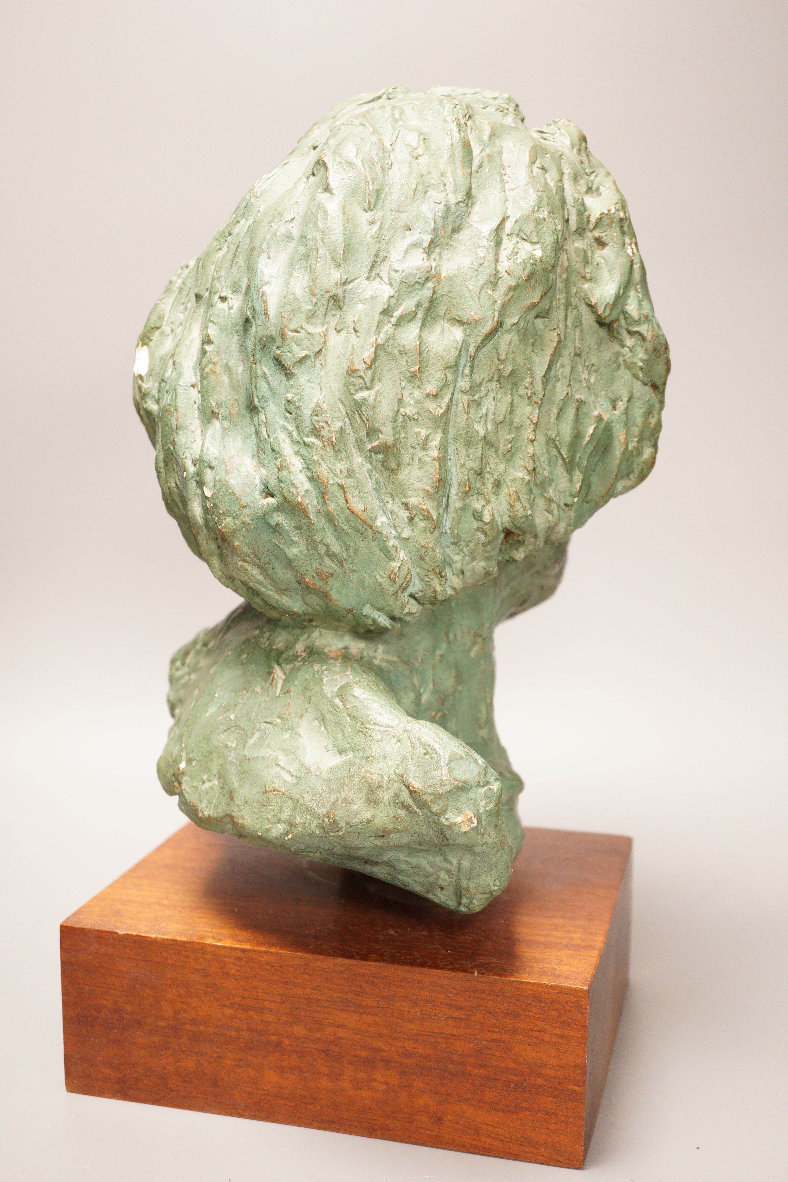 June Rolls, plaster bust of Larry Hodges on hardwood stand 42cm total height, Society of Portrait Sculptors 1978 exhibition at the Pall Mall Galleries label